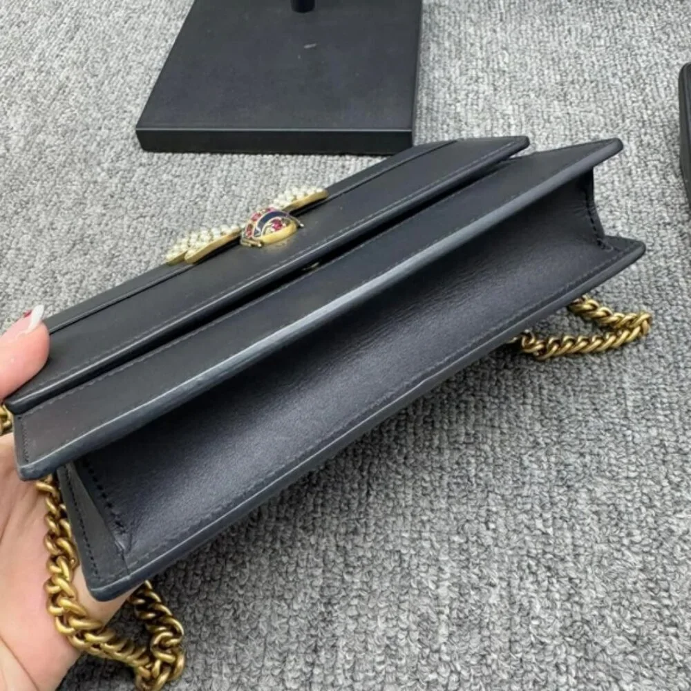 Authentic Gucci Queen Margaret Bee Chain Wallet Black Leather GG Crossbody - Picture 6 of 16
